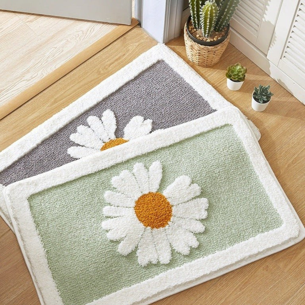 Daisy Flower Bath Rug Absorbent Shower Mat – Anti-Skid Backing Cute Pastel Sage Style