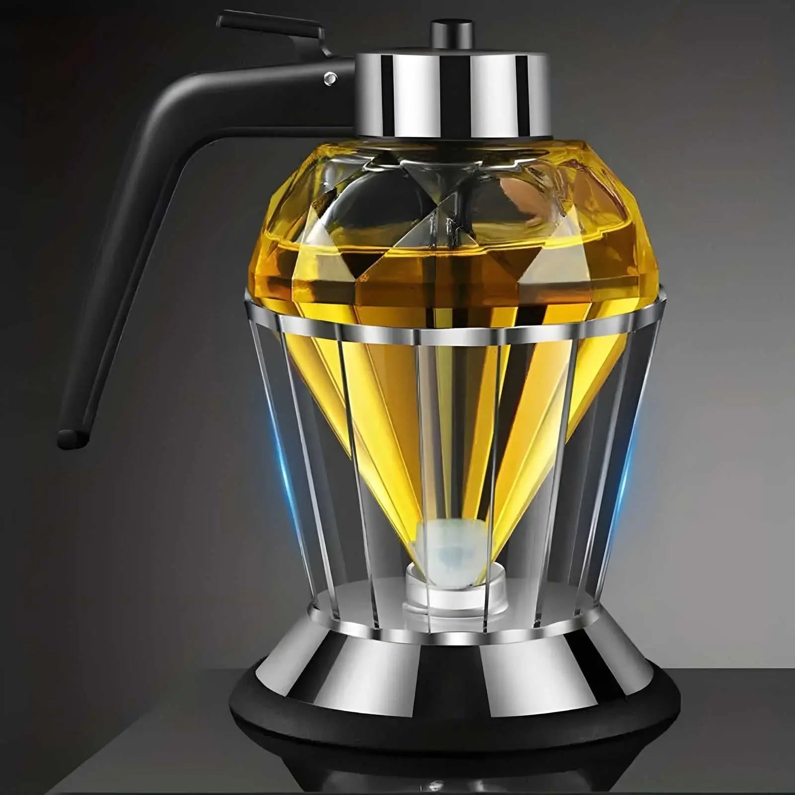 Glass condiment dispenser on metallic stand with blue accent lighting