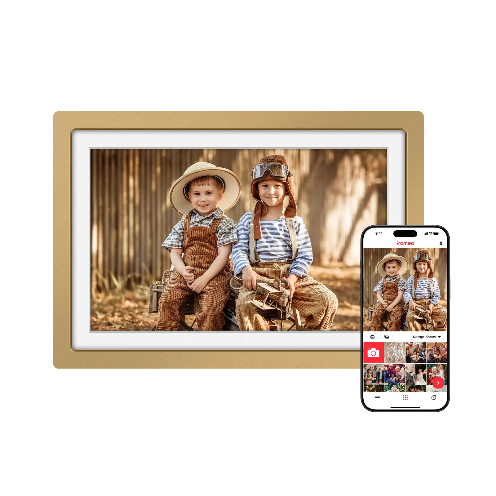 WiFi app controlled gold digital frame mirroring photos via Frameo smartphone