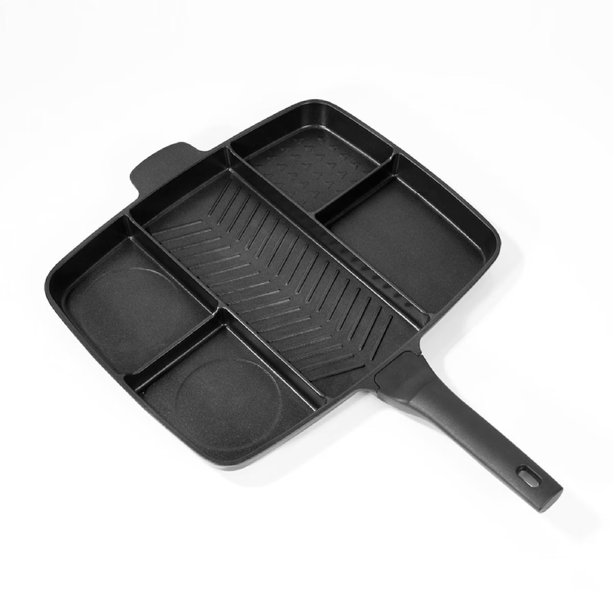 Angled view of black divided cookware with grilling ridges and compartments