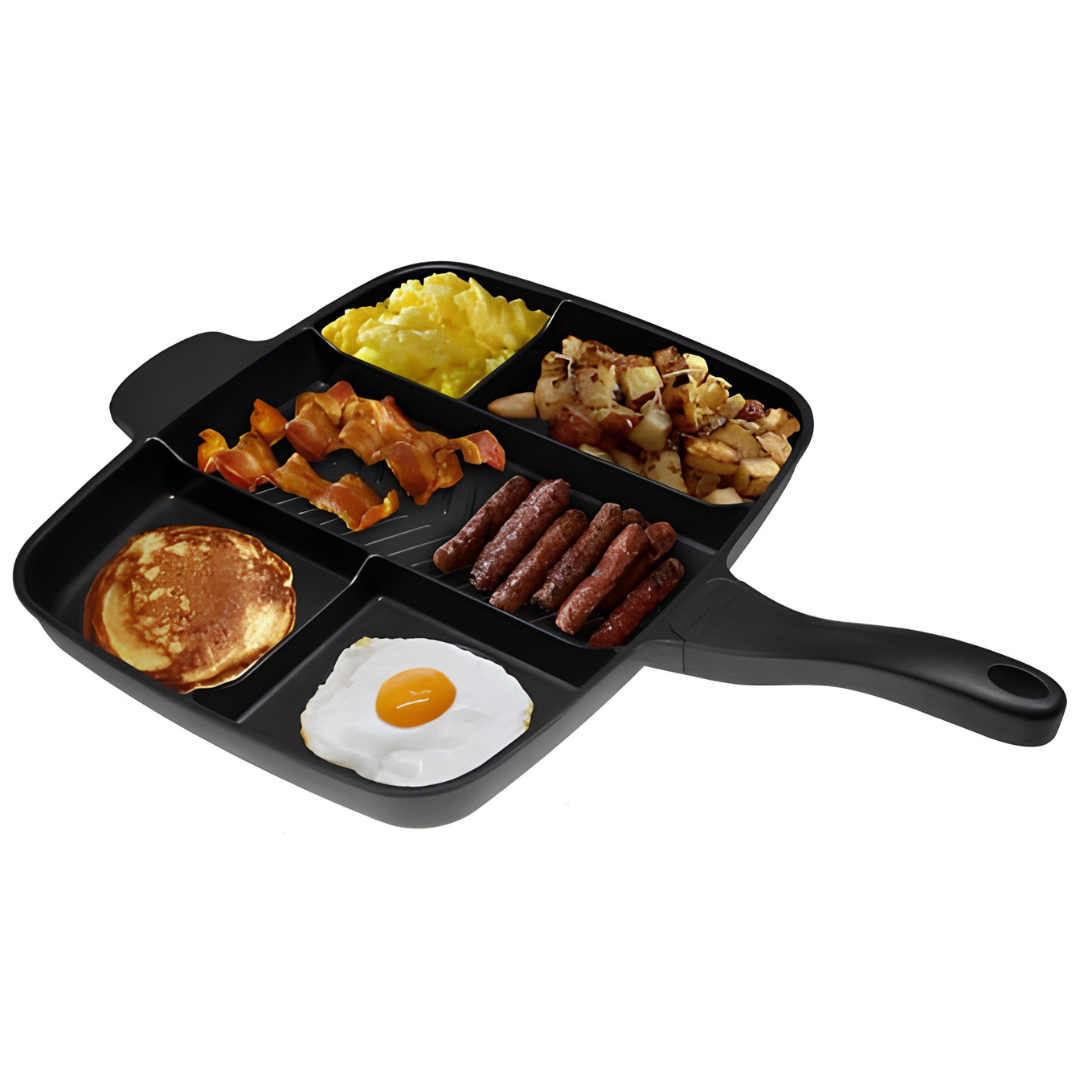 Black multi-section frying pan holding scrambled eggs bacon and pancakes