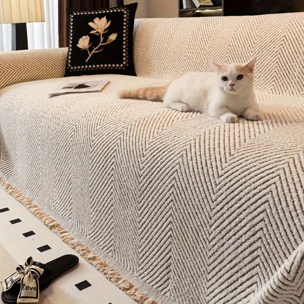 Durable Stripe Herringbone Sofa Cover – Non-Slip, Water-Resistant Microfiber Blend 1