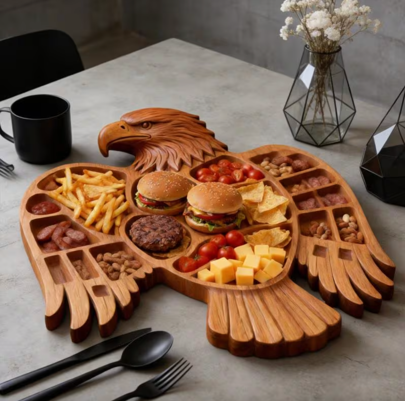 Natural wood eagle shaped cutting board with black cutlery and floral decor