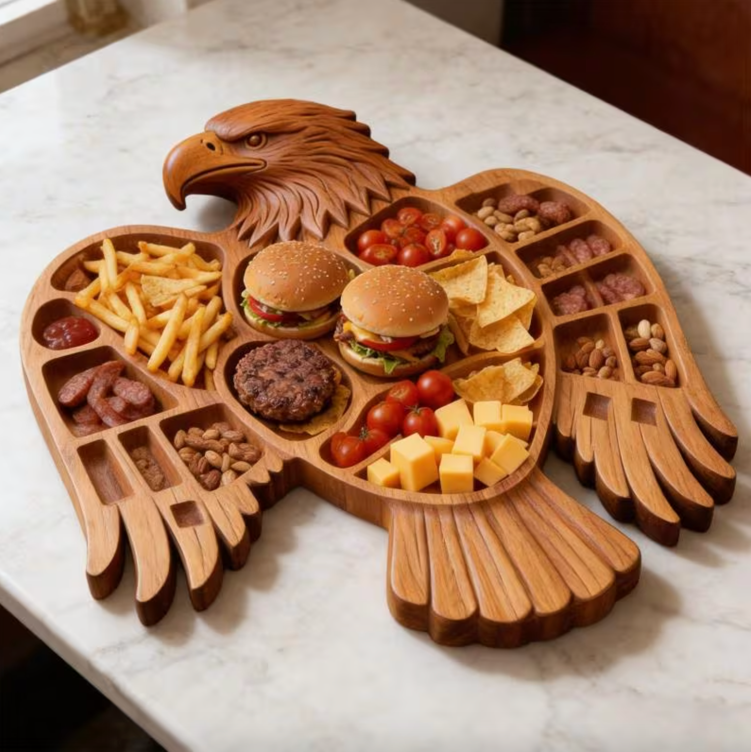 Carved eagle head and wings wood serving platter on white marble countertop