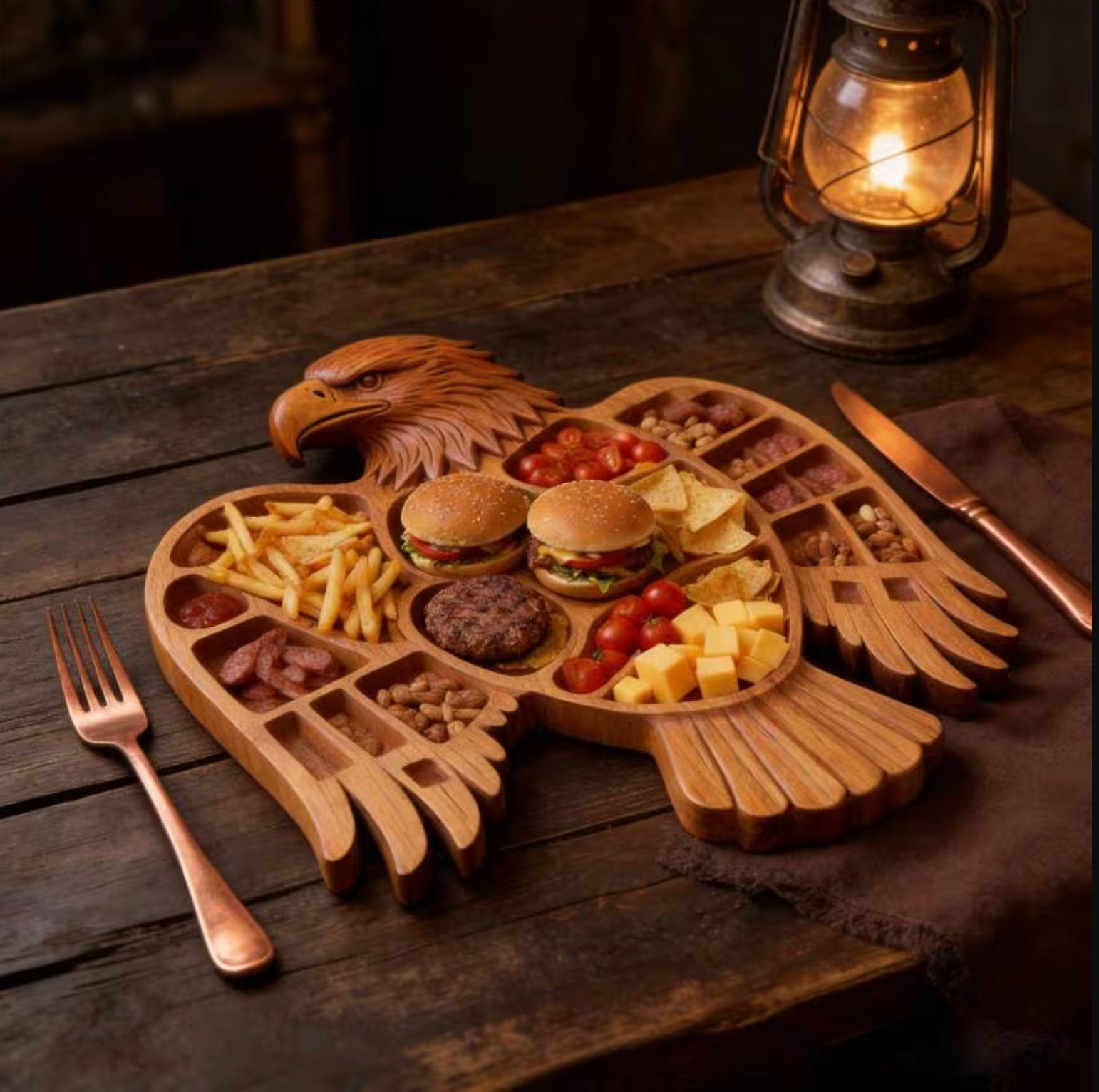 Rustic carved eagle charcuterie board with copper utensils and warm lighting