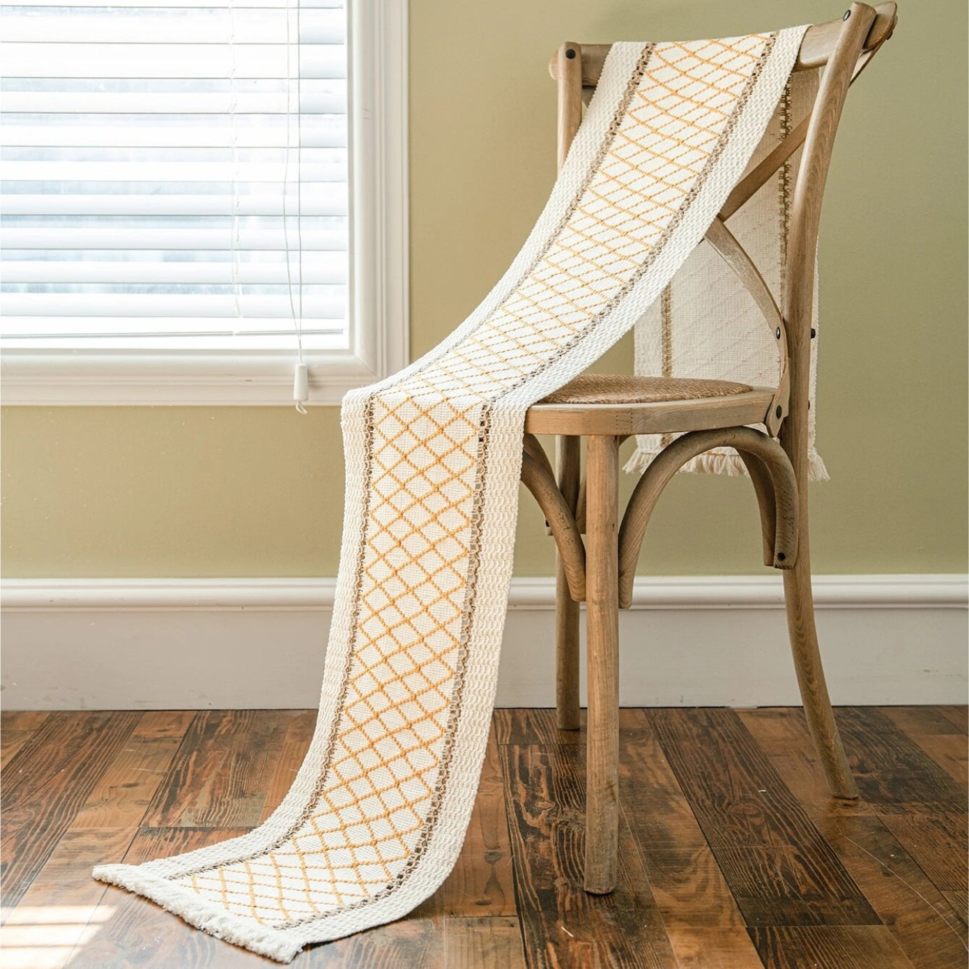 Eco-Friendly Geometric Table Runner – Intricate Weave with Fringe Edges in Cotton-Flax Blend 3
