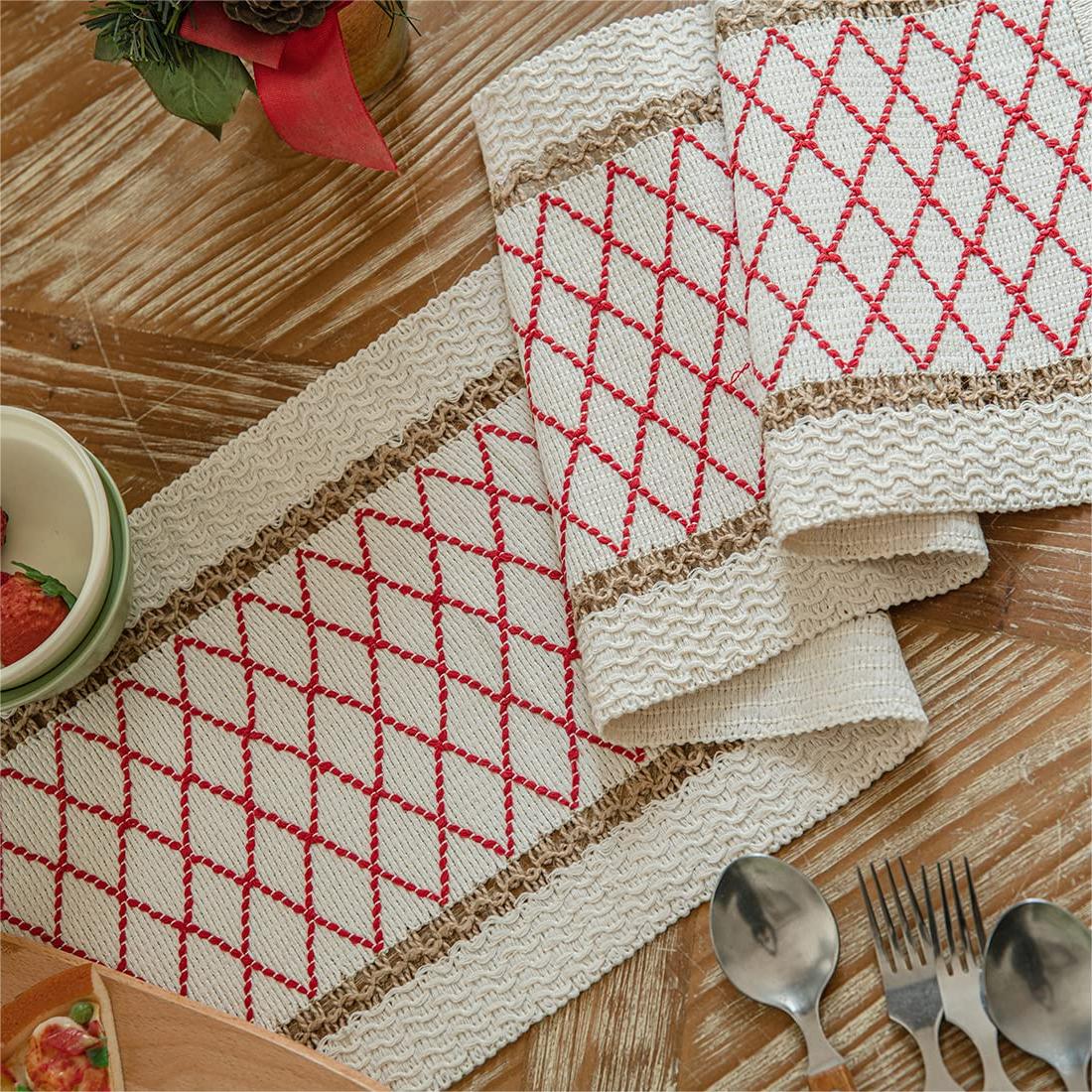 Eco-Friendly Geometric Table Runner – Intricate Weave with Fringe Edges in Cotton-Flax Blend 5