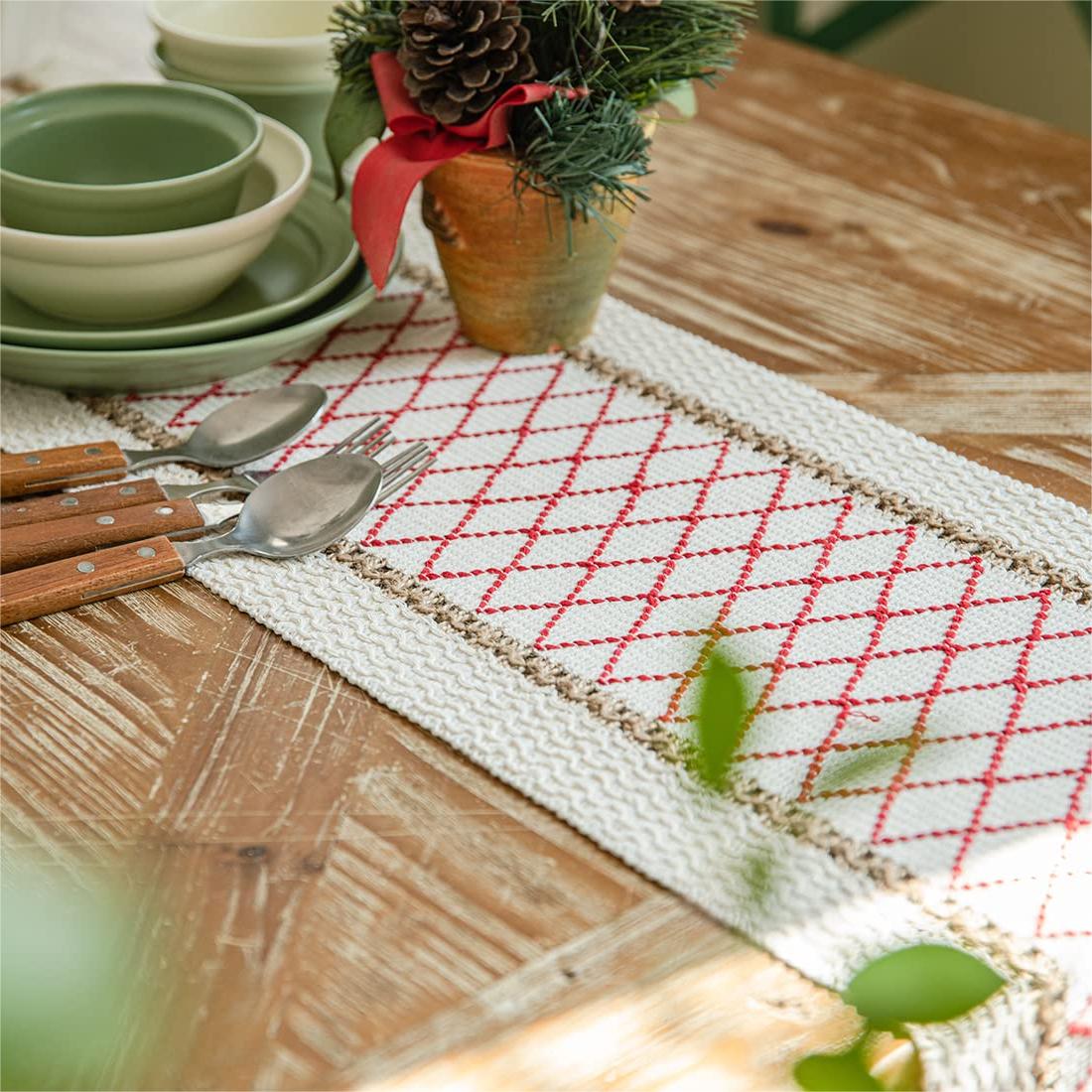 Eco-Friendly Geometric Table Runner – Intricate Weave with Fringe Edges in Cotton-Flax Blend 8