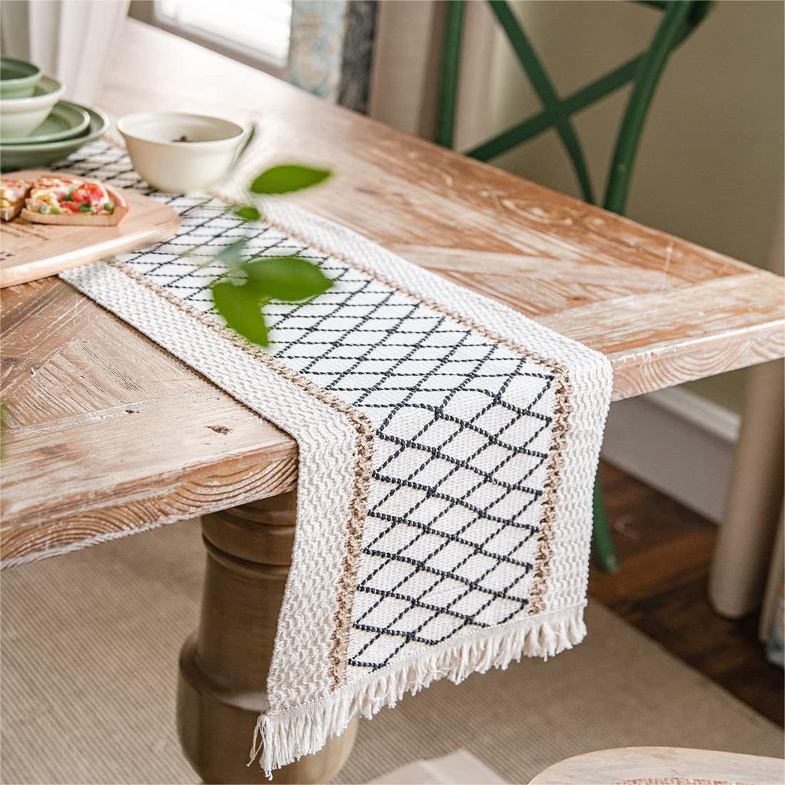 Eco-Friendly Geometric Table Runner – Intricate Weave with Fringe Edges in Cotton-Flax Blend 9