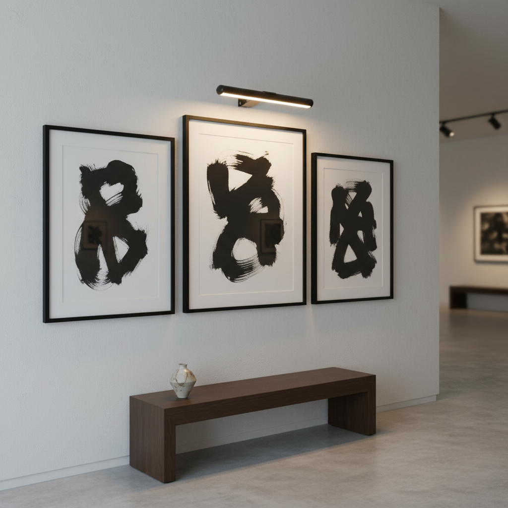 Black cylindrical LED wall light displaying calligraphy artwork