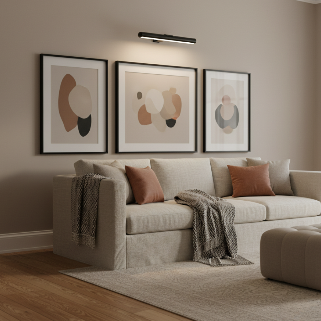 Black matte LED wall light illuminating art above beige sofa