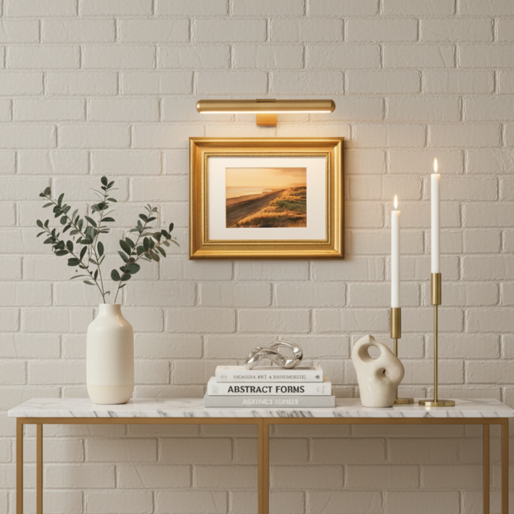 Gold adjustable LED wall sconce illuminating art above console table