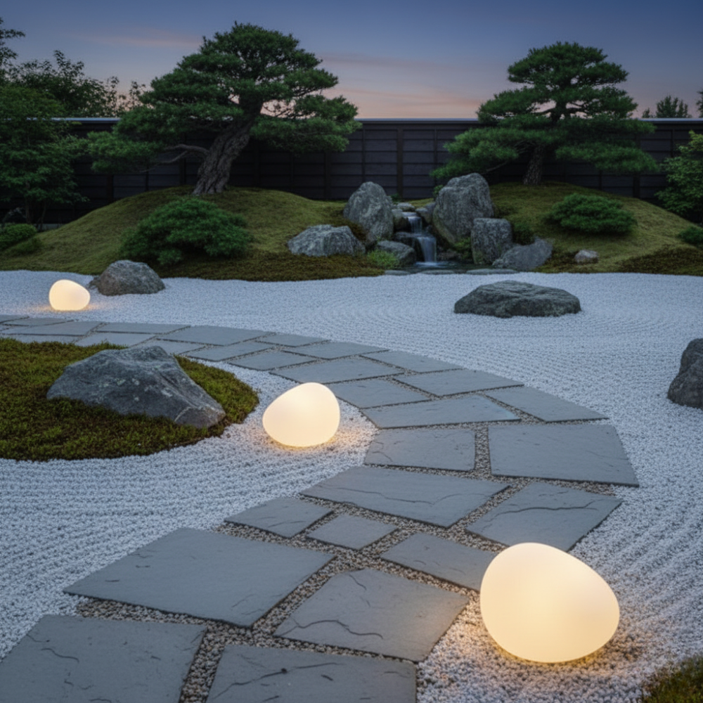 White egg-shaped solar lights in zen rock garden at twilight