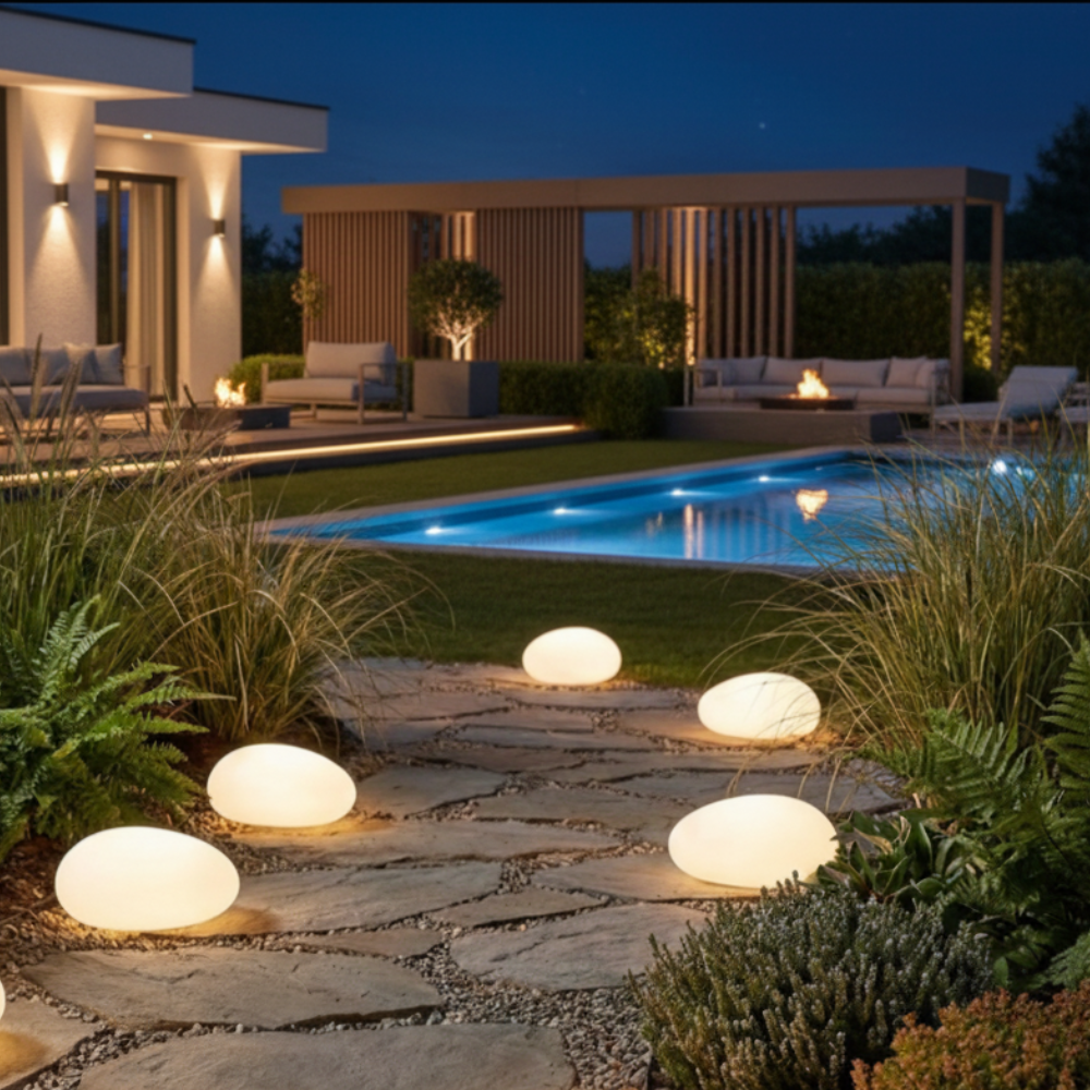 Elegant solar garden light on stone pathway with pool background