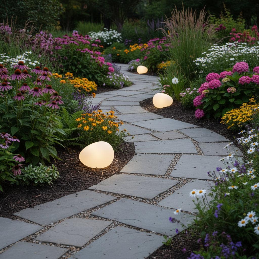 Matte white solar pebble stones on flagstone path with flowers