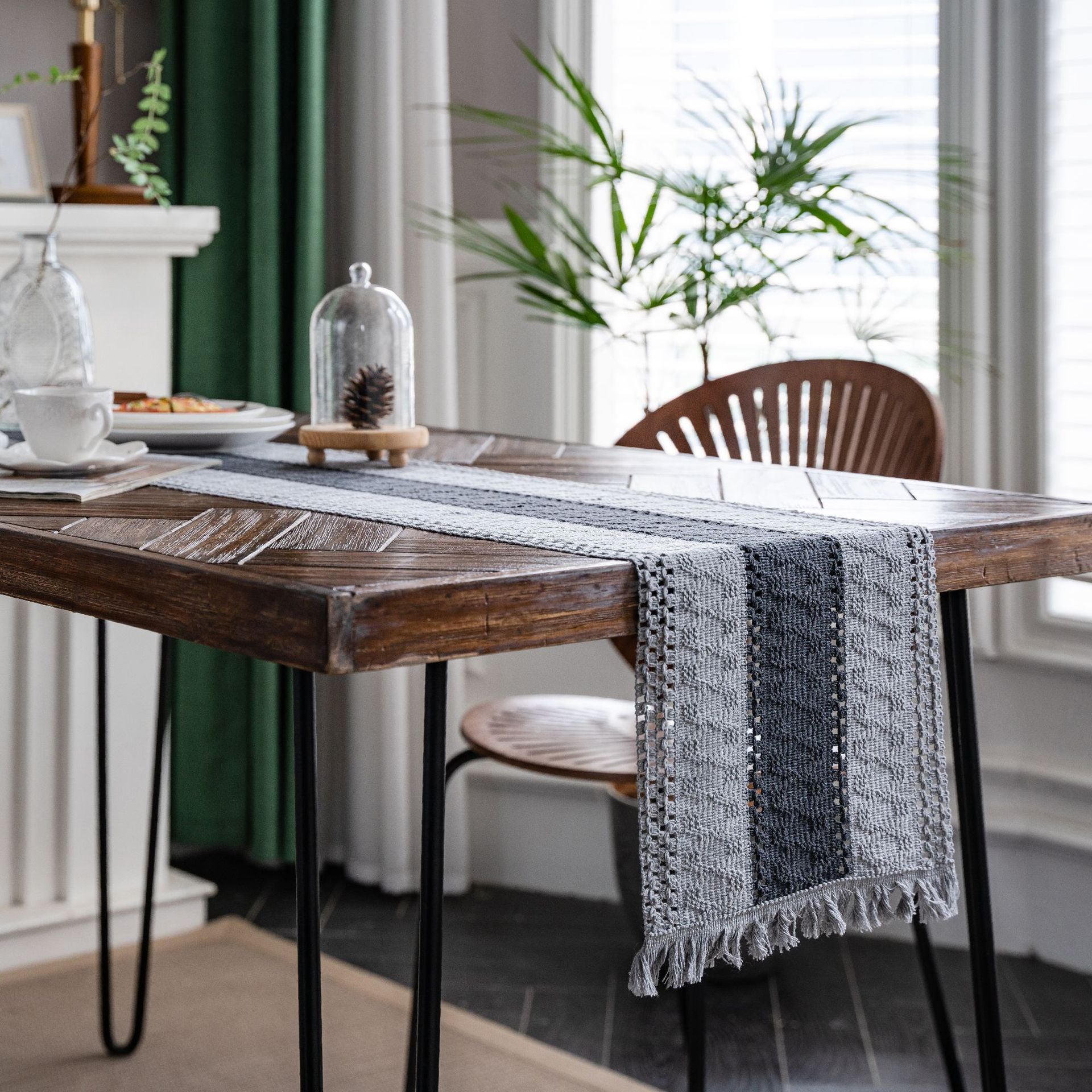 Elegant Boho Linen Table Runner – Unique Woven Design with Tassels 11
