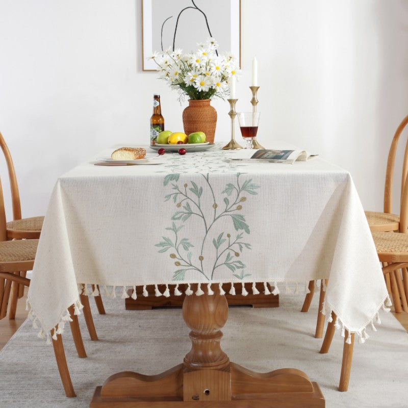 Elegant Botanical Embroidery Linen Tablecloth with Tassel Edges – Premium Soft Material 0