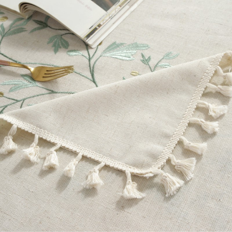 Elegant Botanical Embroidery Linen Tablecloth with Tassel Edges – Premium Soft Material 1