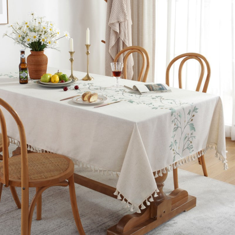 Elegant Botanical Embroidery Linen Tablecloth with Tassel Edges – Premium Soft Material 4