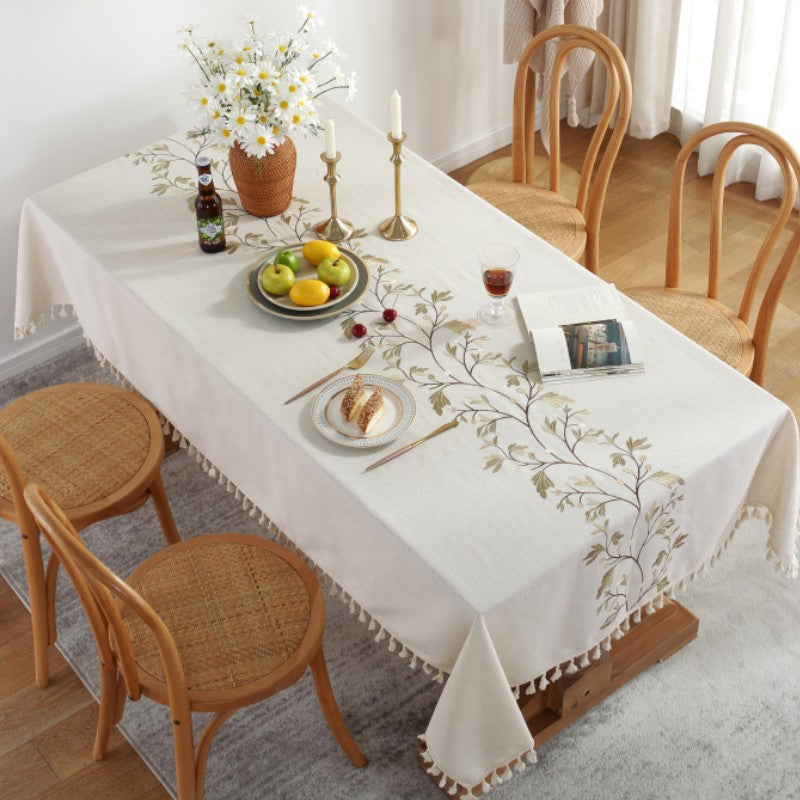 Elegant Botanical Embroidery Linen Tablecloth with Tassel Edges – Premium Soft Material 8