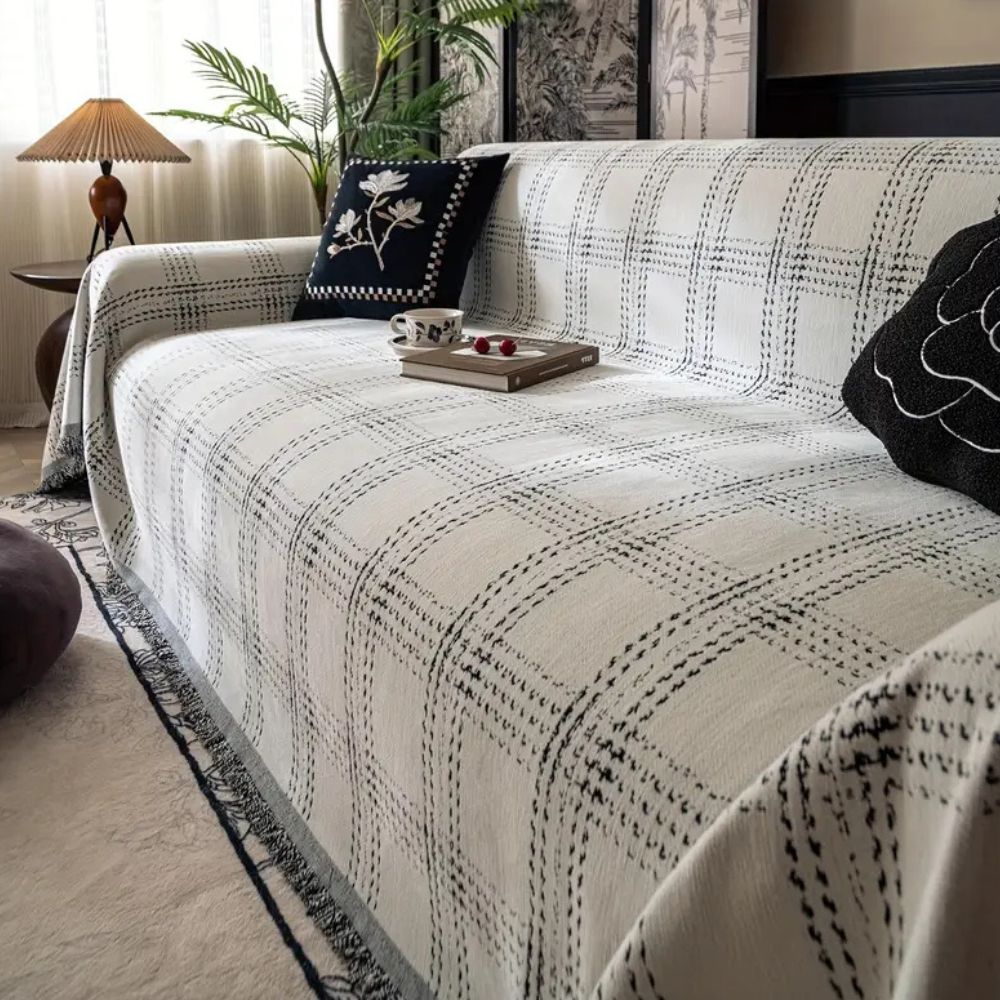 Elegant Chenille Sofa Cover – Classic Plaid Design with Anti-Slip, Machine Washable 6