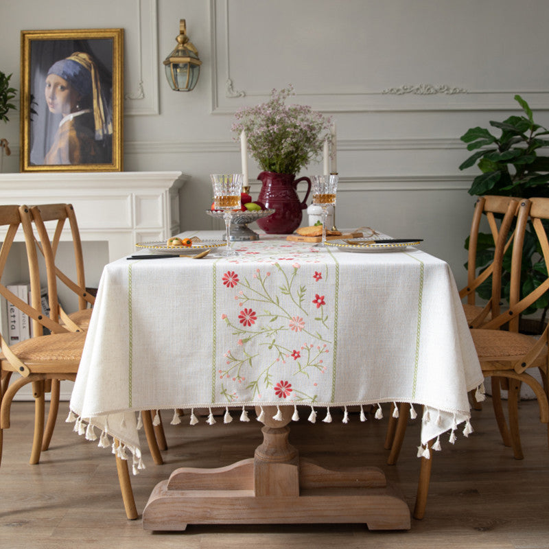 Elegant Floral Embroidered Linen Tablecloth – Premium Polyester Fabric with Stain Protection 0