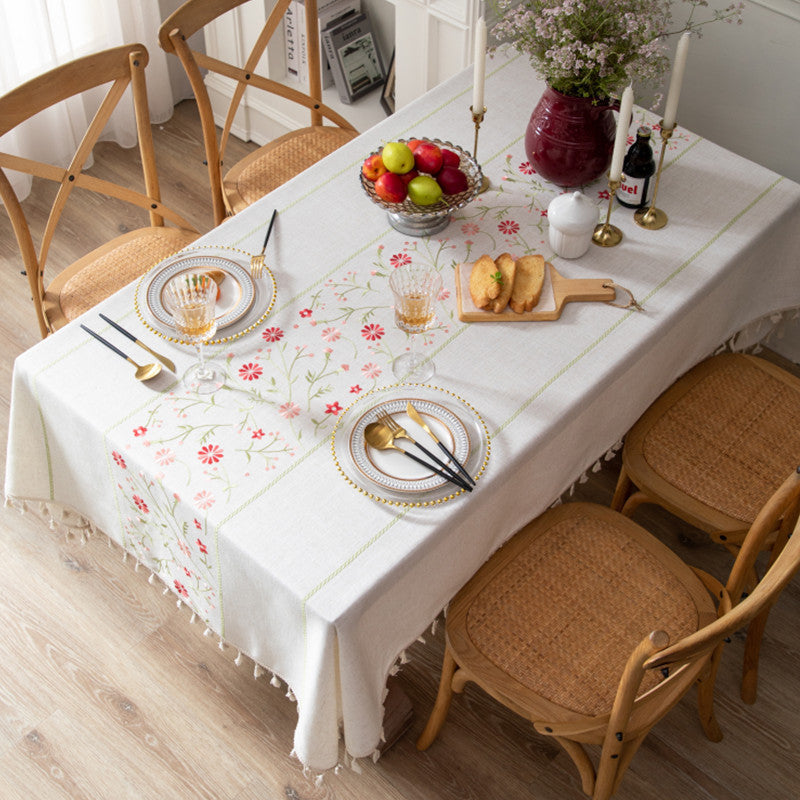 Elegant Floral Embroidered Linen Tablecloth – Premium Polyester Fabric with Stain Protection 3