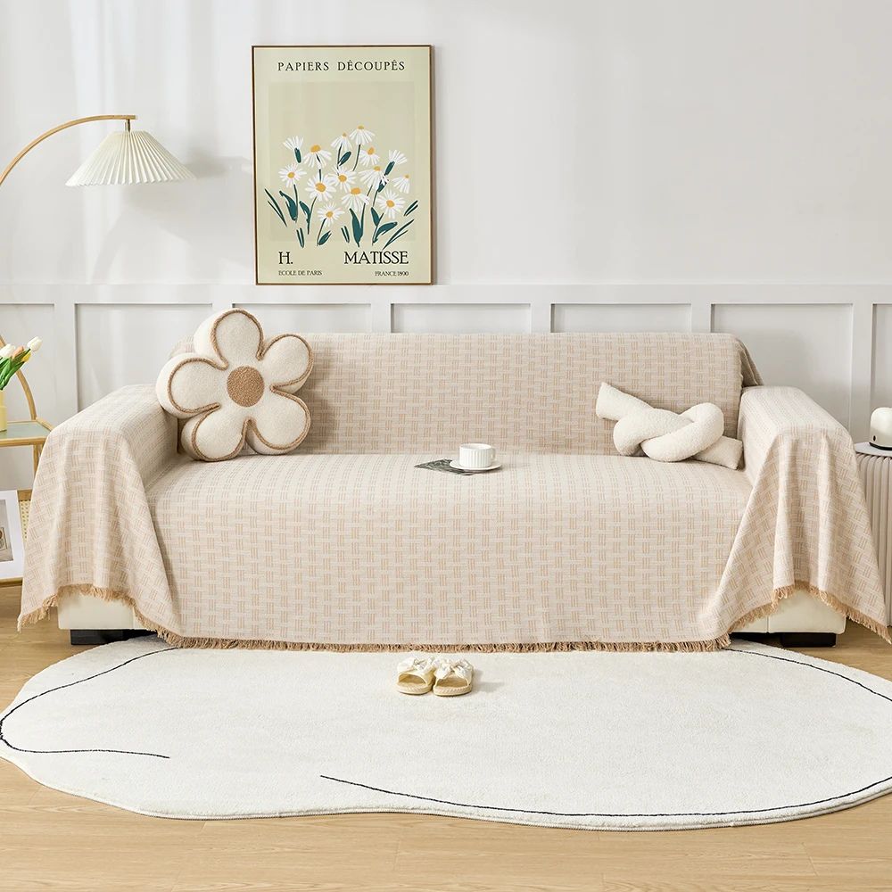 Elegant Geometric Sofa Cover – Soft Quilted Microfiber with Tassel Design 2