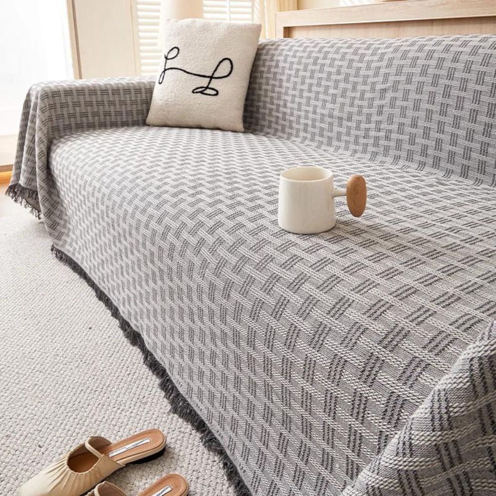Elegant Geometric Sofa Cover – Soft Quilted Microfiber with Tassel Design 4