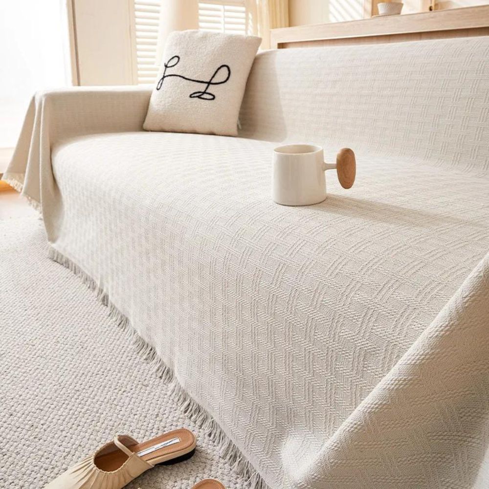 Elegant Geometric Sofa Cover – Soft Quilted Microfiber with Tassel Design 5