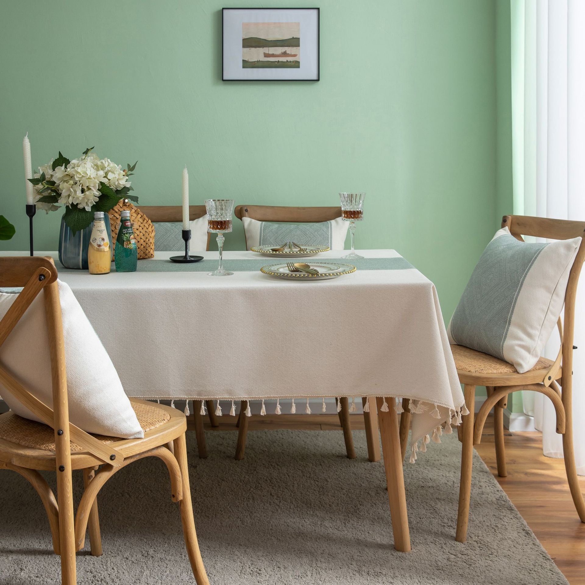 Elegant Geometric Square Tablecloth with Tassel Fringe – Durable Polyester for Modern Dining 6