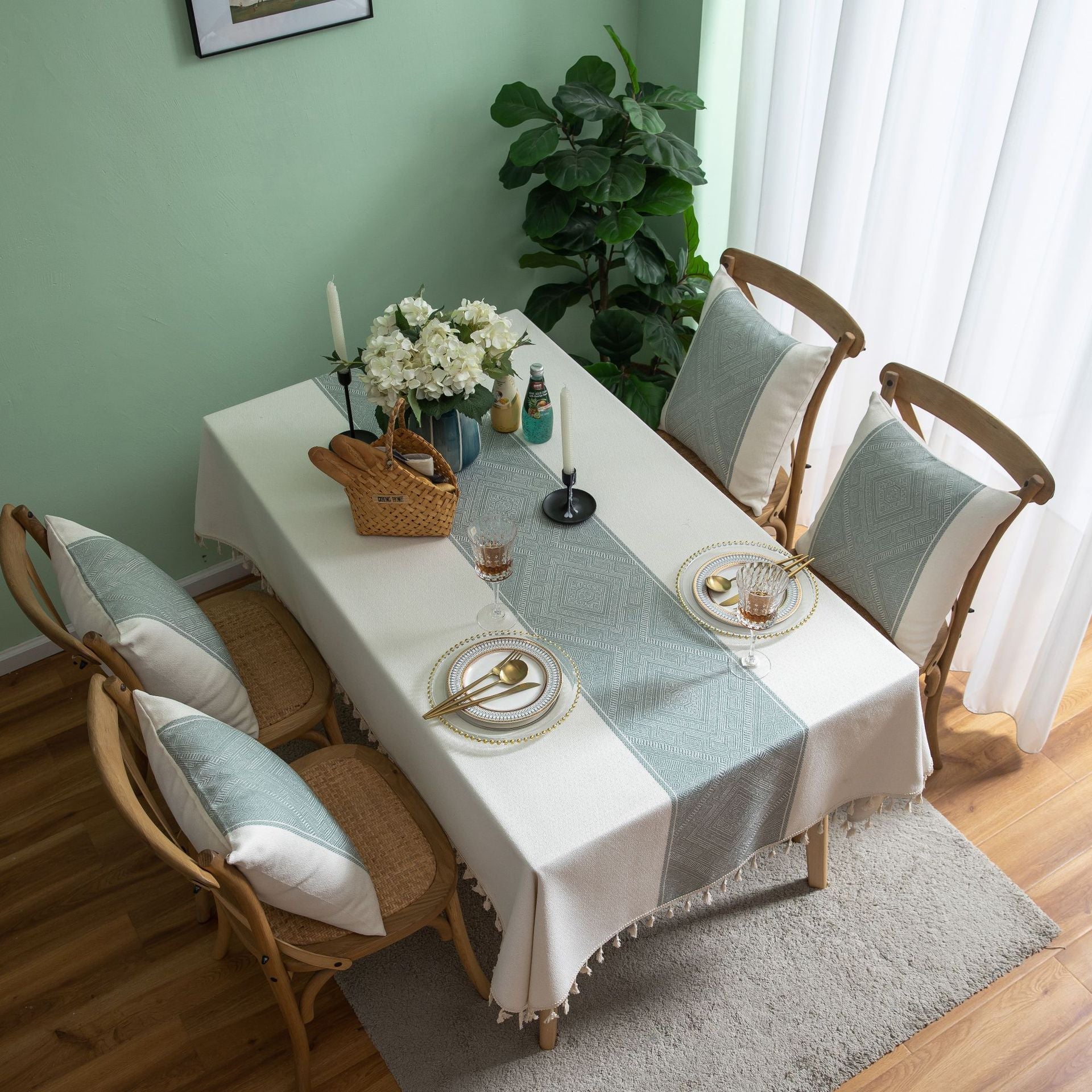 Elegant Geometric Square Tablecloth with Tassel Fringe – Durable Polyester for Modern Dining 7