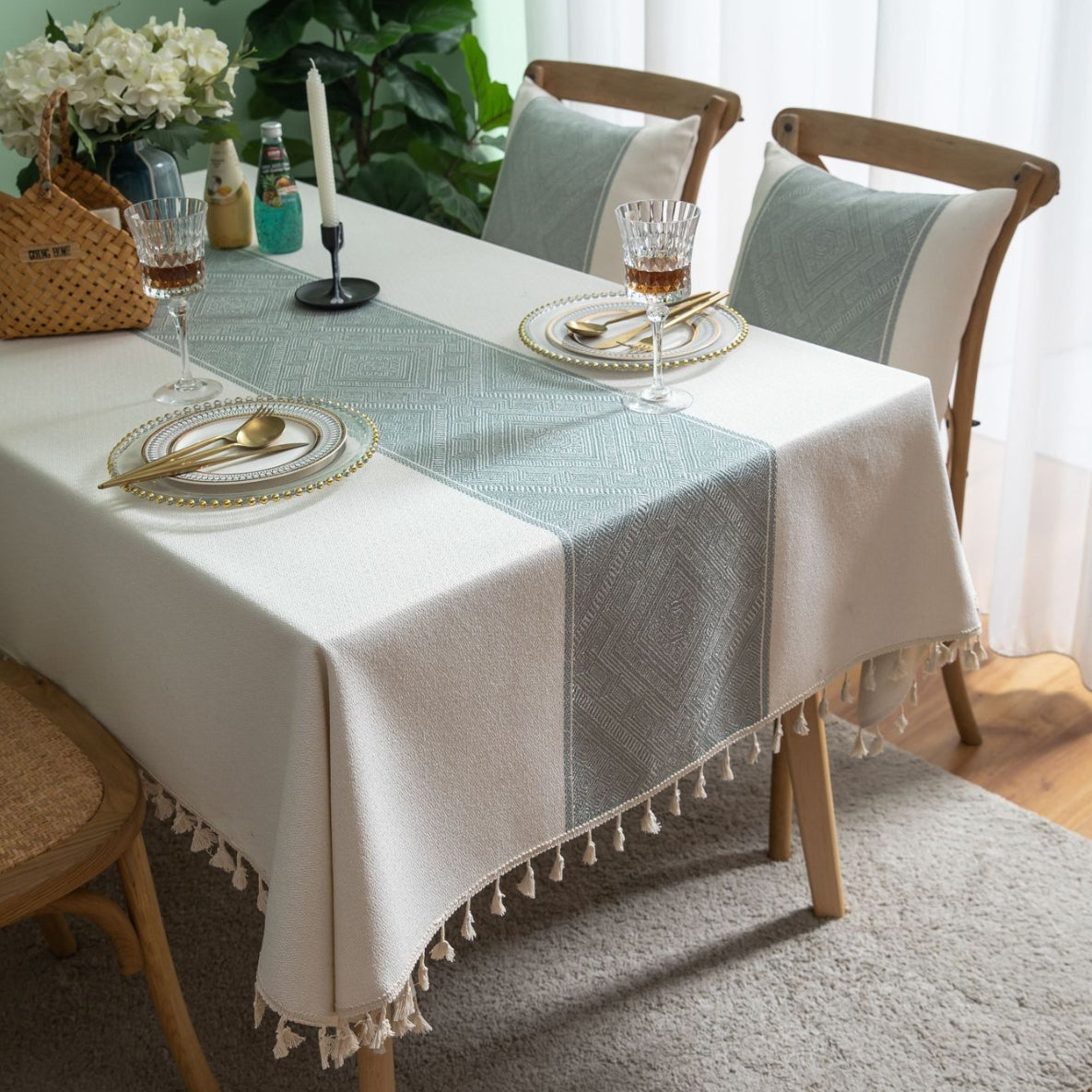 Elegant Geometric Square Tablecloth with Tassel Fringe – Durable Polyester for Modern Dining 8
