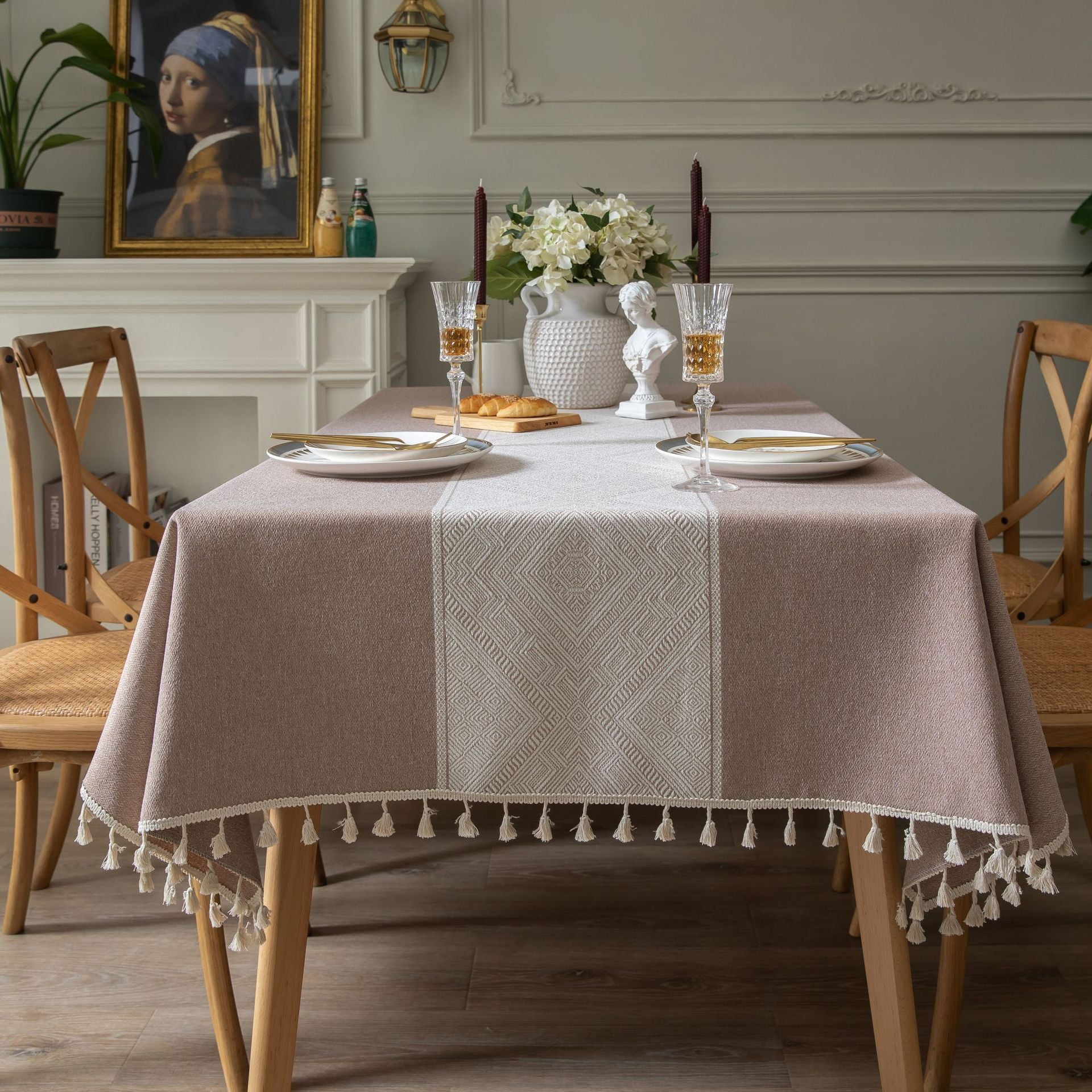 Elegant Geometric Square Tablecloth with Tassel Fringe – Durable Polyester for Modern Dining 9
