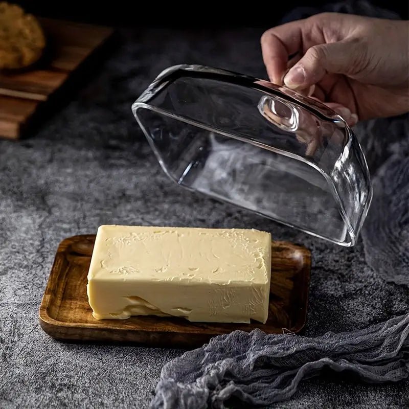 Elegant Glass Butter Dish with Lid – Natural Wooden Base and Timeless Design 2