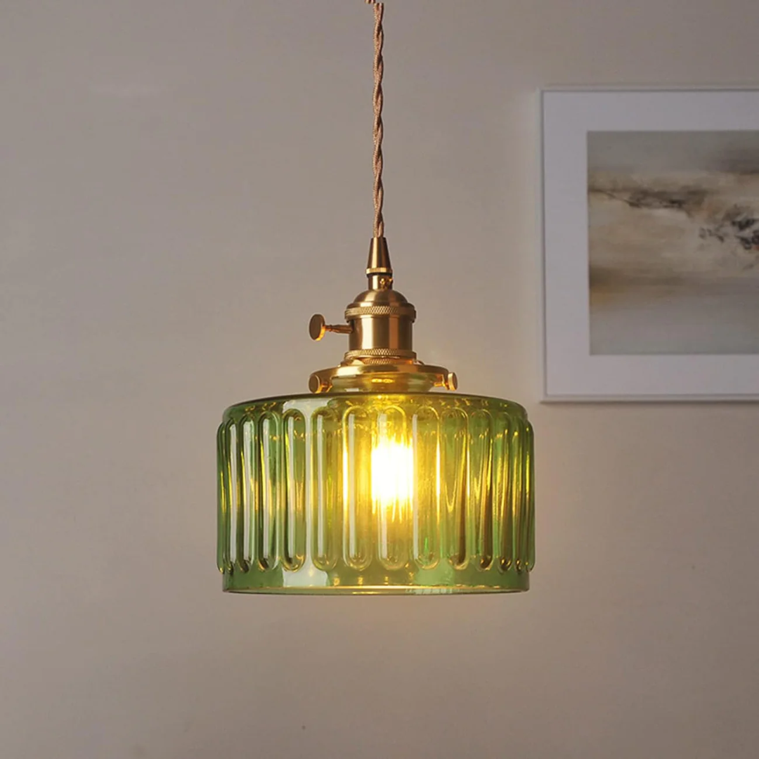 Elegant Glass Pendant Light – Ribbed Green Shade with Brass Fixture 2