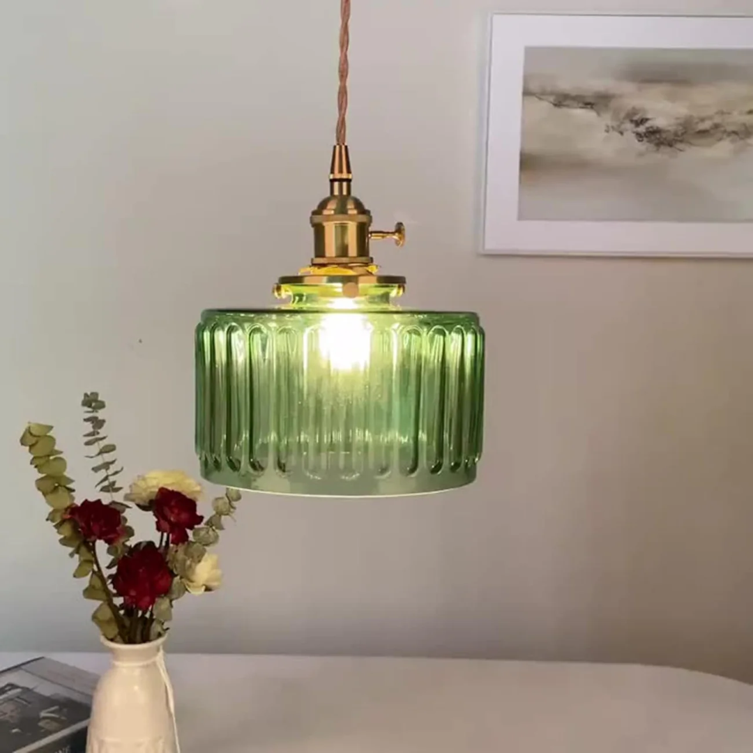 Elegant Glass Pendant Light – Ribbed Green Shade with Brass Fixture 3