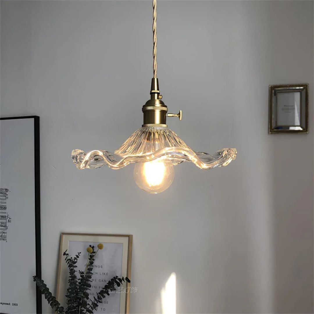 Elegant Glass Pendant Light – Sculpted Floral Design with Brass Fixture 14