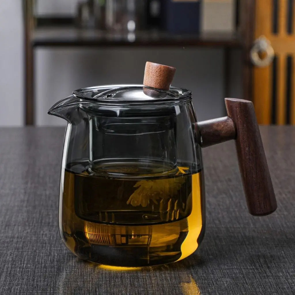 Elegant Glass Teapot with Detachable Infuser and Natural Wood Handle 2