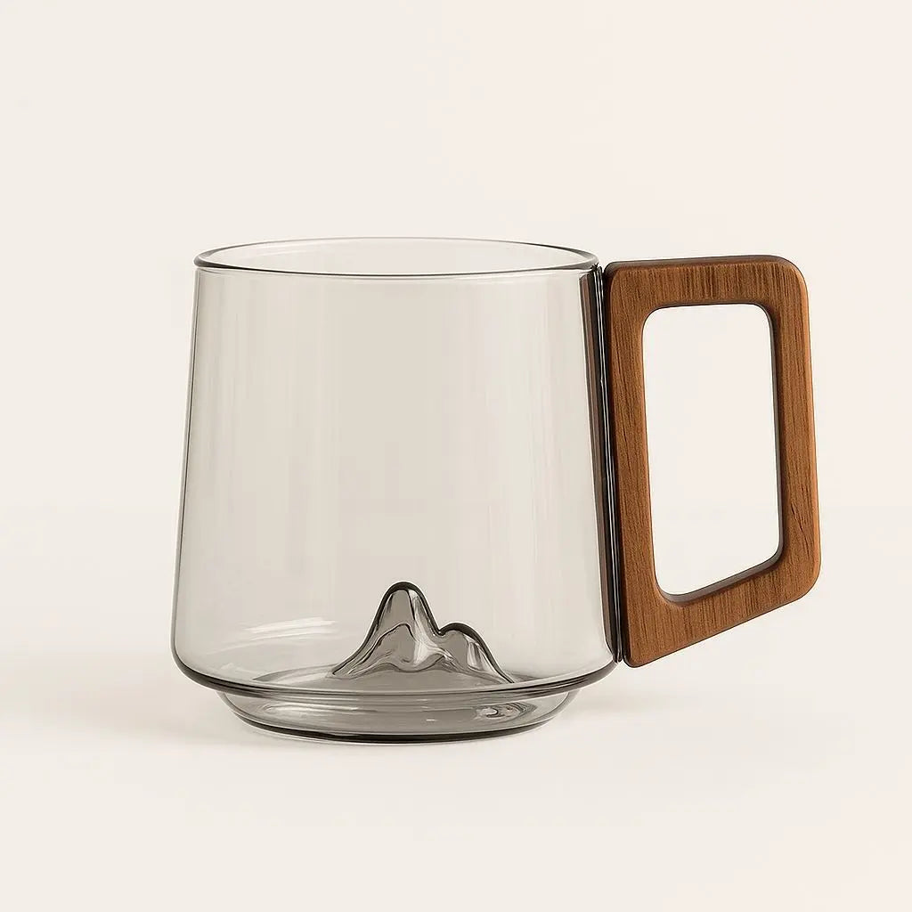 Elegant Heat-Resistant Glass Coffee Mug with Wooden Handle and Unique Mountain Base 1