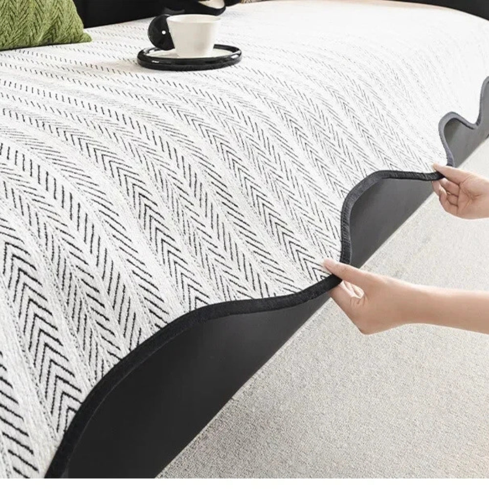 Elegant Herringbone Sofa Cover – Soft Microfiber Blend with Scalloped Edge 5
