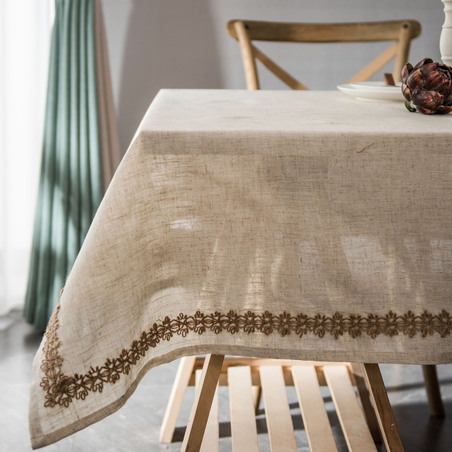 Elegant Linen-Style Tablecloth – Durable Polyester with Hemp Rope Edge 0