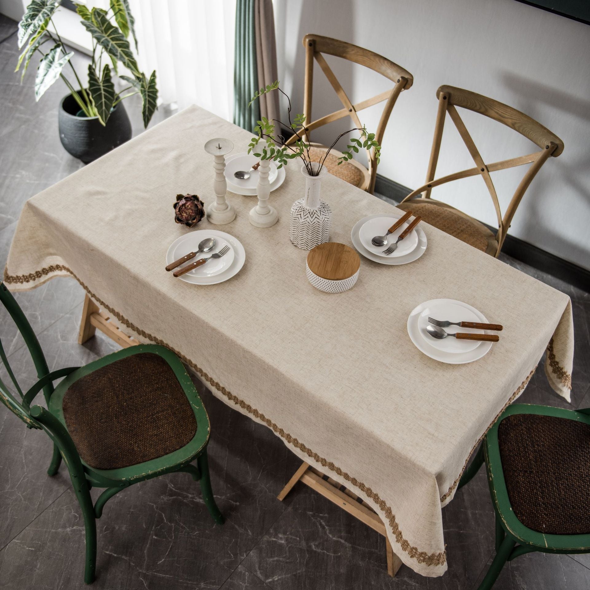 Elegant Linen-Style Tablecloth – Durable Polyester with Hemp Rope Edge 2