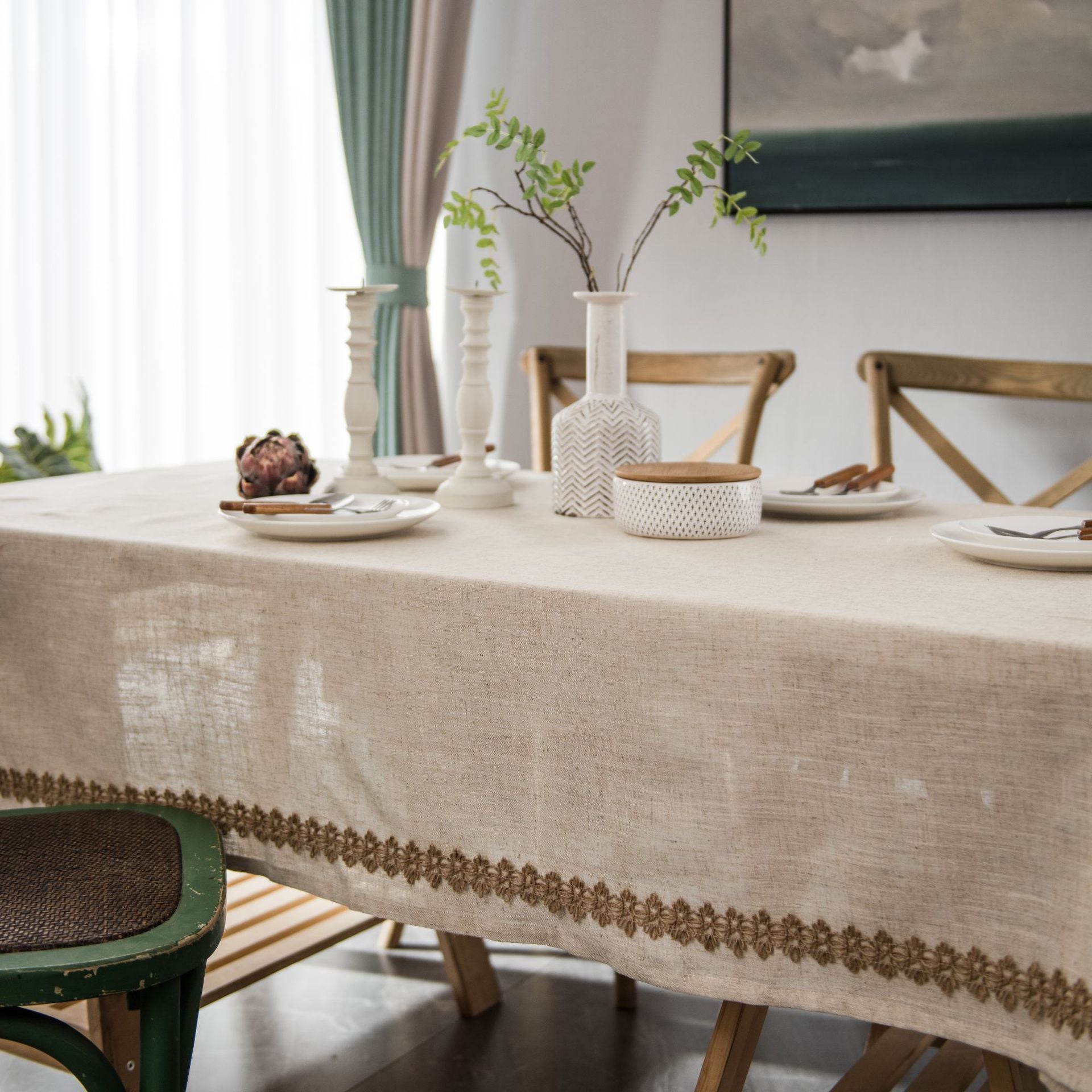 Elegant Linen-Style Tablecloth – Durable Polyester with Hemp Rope Edge 3