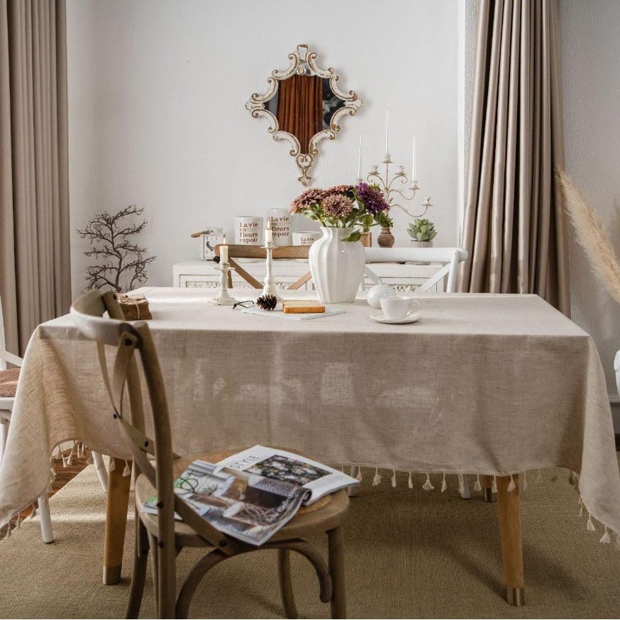 Elegant Linen Tablecloth with Tassels – Durable Polyester Fabric for Stylish Dining 2