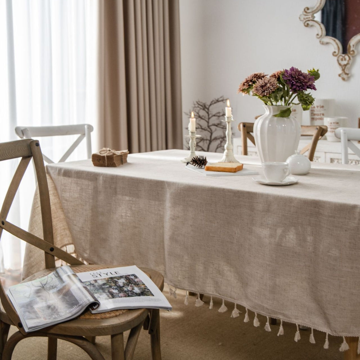 Elegant Linen Tablecloth with Tassels – Durable Polyester Fabric for Stylish Dining 5