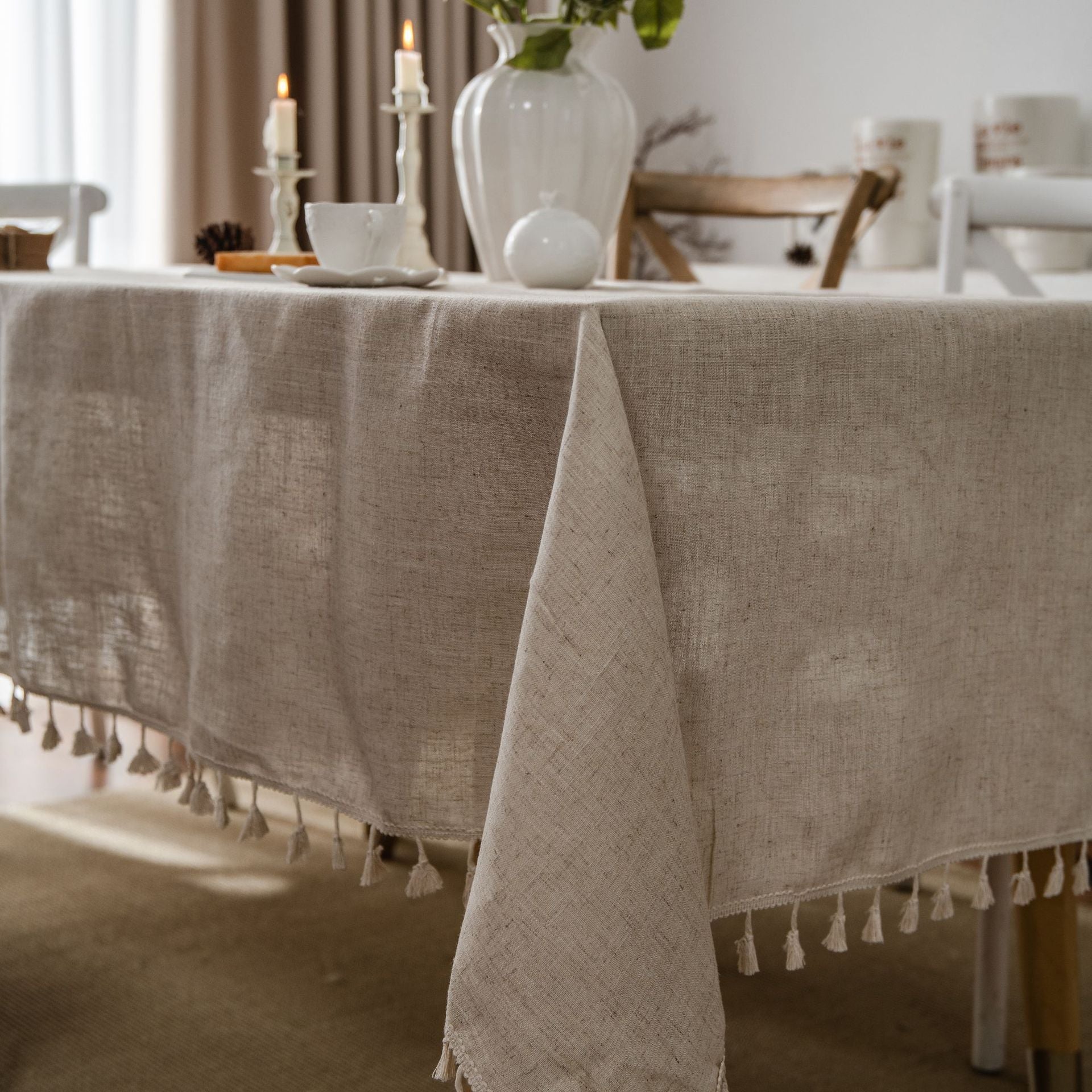 Elegant Linen Tablecloth with Tassels – Durable Polyester Fabric for Stylish Dining 6