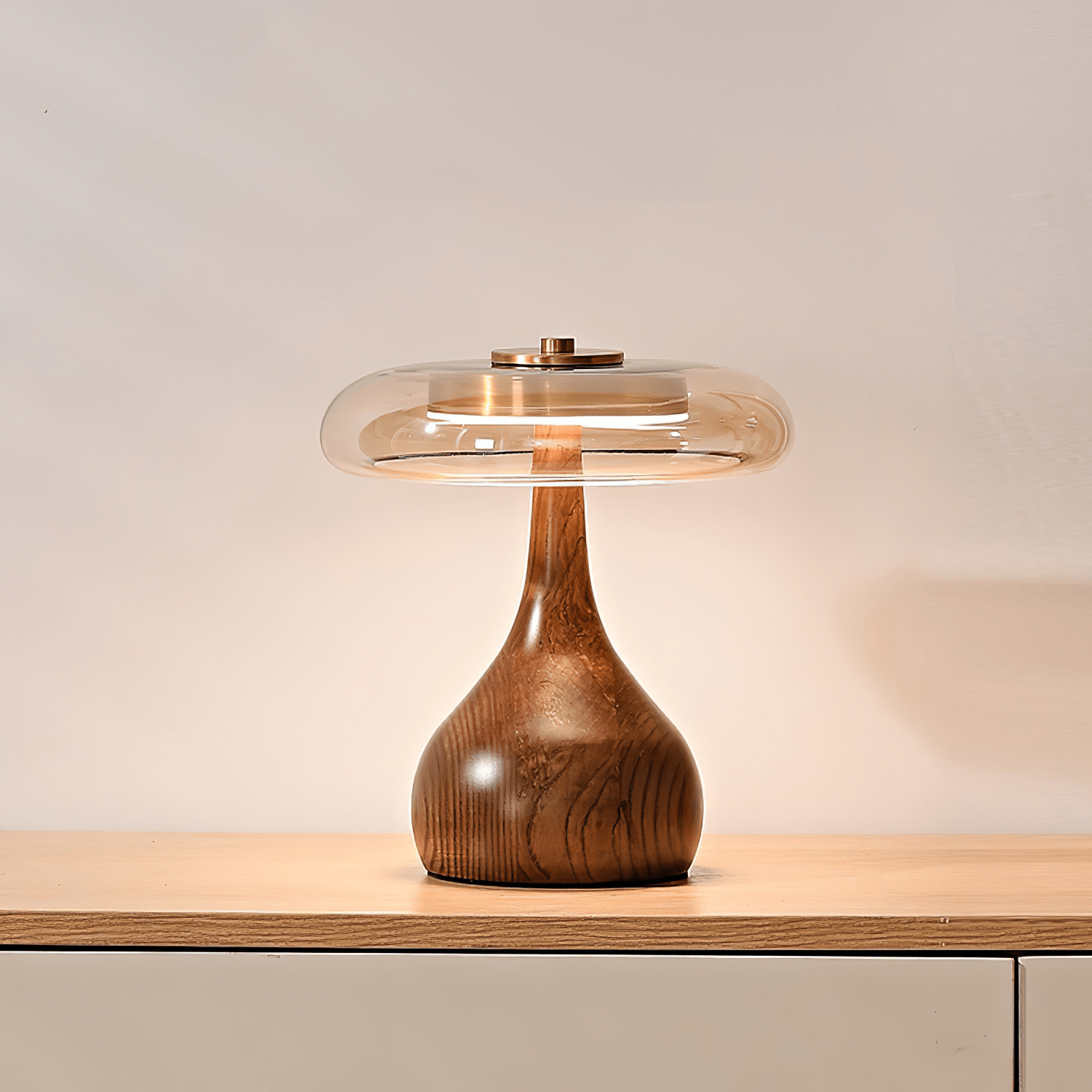 Elegant Modern Wood Table Lamp with Amber Glass Shade and LED Light 0