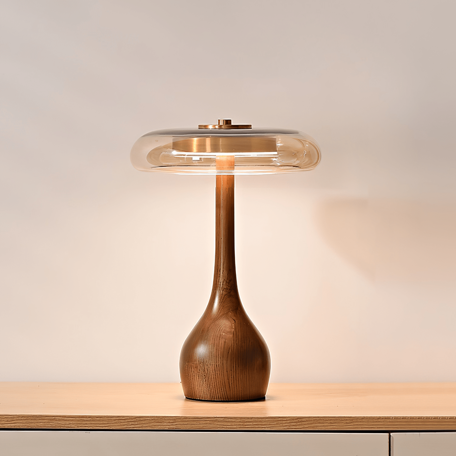 Elegant Modern Wood Table Lamp with Amber Glass Shade and LED Light 1