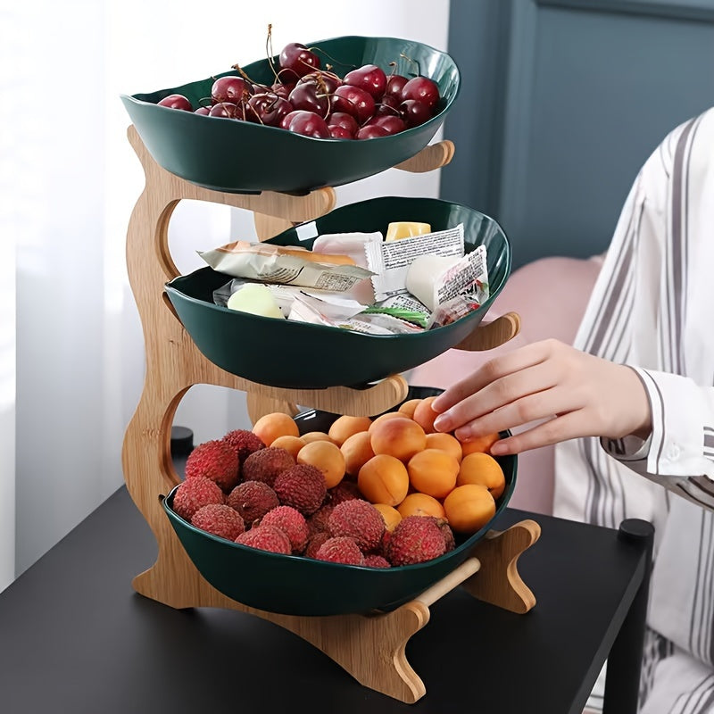 Elegant Tiered Fruit Stand – Modern Scandinavian Design with Durable Wood and Stainless Steel 1